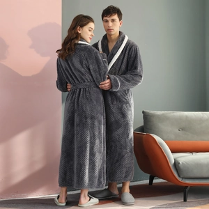 Thick flannel bathrobe set for couples with grey pineapple grid pattern and white trim
