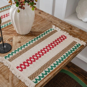 Christmas cotton linen table runner with red and green stripes and woven tassels