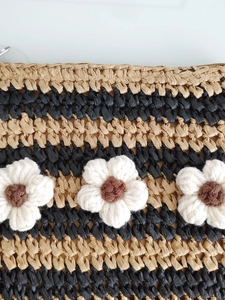 Striped crochet straw envelope clutch bag with three 3D white floral accents