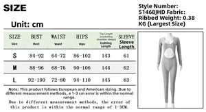 Size chart for ribbed V-neck long sleeve bodysuit with detailed body measurements in cm