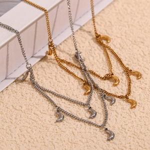 Collier Pendentif Croissant De Lune Double Couche Plaqué Or 18K Acier Inoxydable Chaîne Gourmette Pour Femme Bijoux Mode