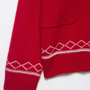 Red knit cardigan with white horse jacquard pattern and premium soft wool texture