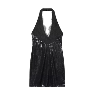 Women Halter V-Neck Sequin Mini Dress With Lace Trim Backless Slim Fit Party Cocktail Evening Sleeveless