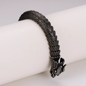 Retro stainless steel dragon scale open bangle with detailed dragon head design