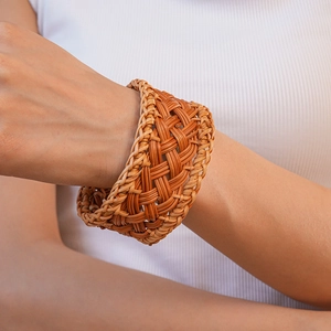 Handmade Woven Bangle Natural Rattan Straw Wide Open Cuff Bracelet Bohemian Ethnic Style Summer Beach Jewelry For Women