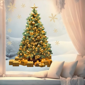 Weihnachtsbaum Fensteraufkleber mit goldenen Geschenken und Schneeflocken für die Deko