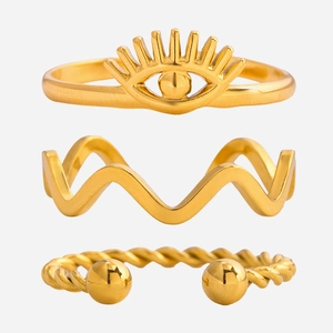 Ensemble de 3 bagues réglables en acier inoxydable doré 18 carats avec œil grec