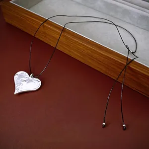Adjustable Heart Pendant Necklace Alloy Hammered Texture Minimalist Korean Fashion Sweater Chain For Women