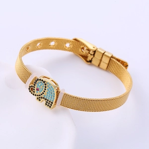 Minimalist 8mm gold mesh bracelet with elephant charm and colorful rhinestones