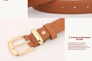 Detail of caramel lychee grain leather belt featuring a polished gold rectangular buckle