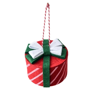 Mini felt Christmas gift box ornament with red and green festive stripes for tree hanging