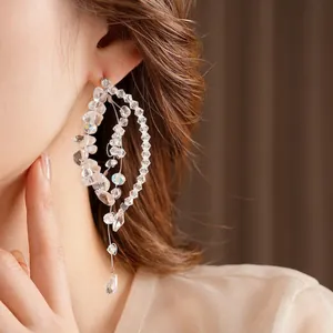 Bohemian multi-layer clear crystal bead tassel earrings for women on a model