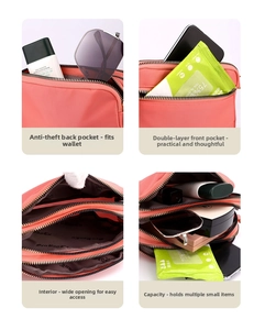 Pink nylon crossbody bag detail showing multi-compartment structure and anti-theft back pocket