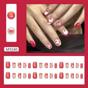 Cat eye rose pink heart press-on nails with French style and glossy finish