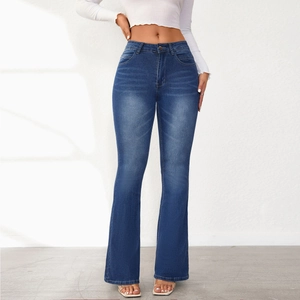 Detailed close-up showing high waist design and washed denim texture of flare jeans