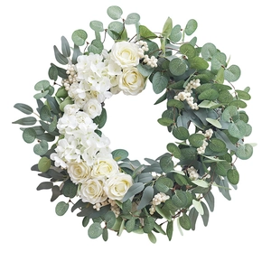 Artificial eucalyptus wreath with cream roses and white hydrangeas for home wall decor