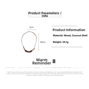 Ethnic wood bead necklace details showing 90cm length and 24.1g weight parameters