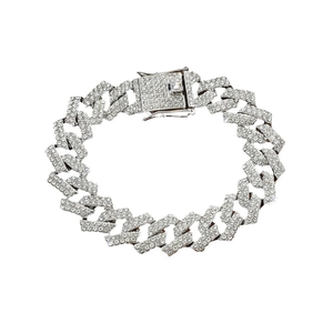 Hip hop style 15mm silver plated Cuban link bracelet with full rhinestone micro-pave