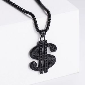 Polished black stainless steel dollar sign pendant on a thick box chain in hip hop style