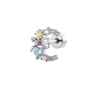 Silver bow cartilage piercing with colorful zircon moon and heart gemstones on white background