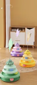 Three-tier cat track toy with colorful balls and a top spring feather wand attachment