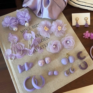 Elegant purple fabric flower earrings and tassel stud set for beach vacation style