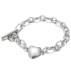 Bracelet argenté avec pendentif cœur poli, chaîne corde et fermoir à bascule