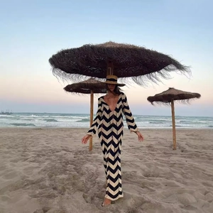 Robe Maxi Tricotée À Manches Longues Pour Femmes Motif Vagues Chevron Col En V À Lacets Style Bohème De Plage Et Vacances