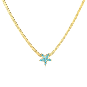 Detail of gold star pendant necklace with light blue stone inlay on a flat snake chain
