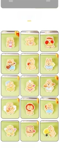 Detailed catalog of fifteen cute yellow bear acrylic badges in various character designs