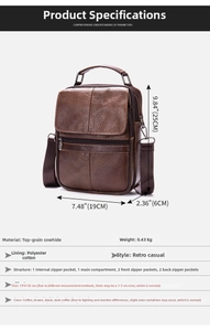 Detailed size chart and specifications for the brown genuine leather men's crossbody bag