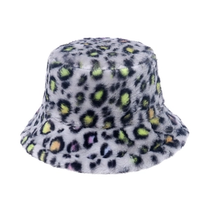 Colorful faux rabbit fur leopard print bucket hat for winter with plush fluffy texture