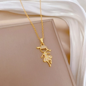 Elegant gold titanium steel necklace with luxury sparkling crystal girl pendant on satin