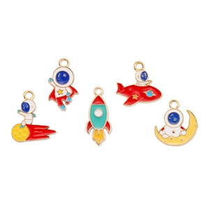 Colorful alloy space charms set featuring astronaut, rocket, and moon for DIY jewelry