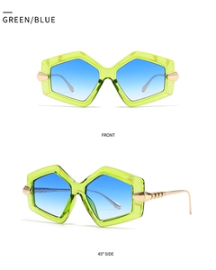Front and 45 degree side views of green square oversized sunglasses with blue lenses