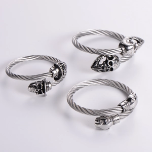 Stainless Steel Skull Animal Head Cuff Bracelet Braided Wire Cable Design Punk Gothic Jewelry Open Adjustable