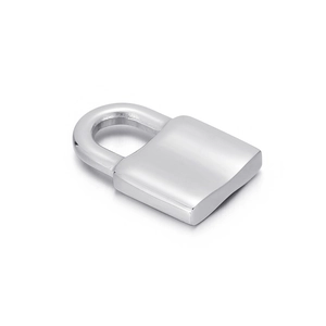 Close-up of polished silver square padlock pendant made of stainless steel on white background