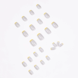 Short square French false nails in light grey and mustard yellow tip design
