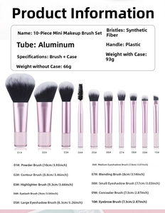Size chart showing dimensions of 10-piece mini makeup brush set with pink handles