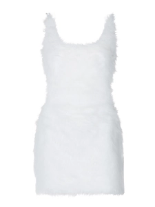 Sleeveless white faux fur backless bodycon dress with sexy cutout and zipper detail