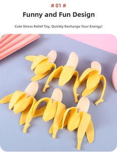 Close-up of 6 realistic peeled banana squishy toys showing soft texture and vibrant yellow peel