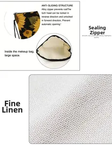 Detail of sunflower makeup bag with linen texture and non-slip alloy zipper lock
