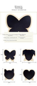 Detailed size specifications for butterfly, dog, cat and heart wood chalkboard pendants