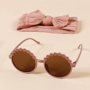Kinder Sonnenbrille mit Blumen und Stirnband Set in Altrosa mit Strickstruktur