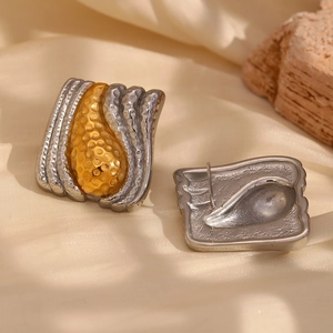 Two-tone 18K gold plated stainless steel bean earrings with hammered texture