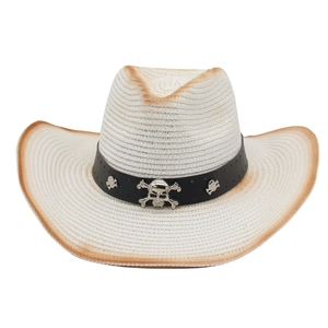 Straw cowboy hat with upturned brim, cream weaving, and skull hardware detail