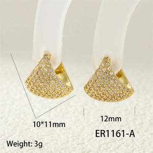 Macro shot of gold fan-shaped stud earrings with micro-pave zircons and 12mm size detail
