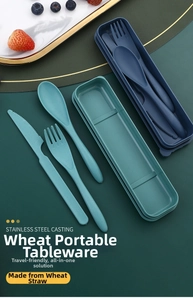 Close-up of eco-friendly wheat straw cutlery set including spoon fork and storage box