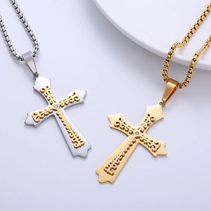 Double layered stainless steel cross necklace with rhinestone inlay and box chain