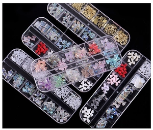 Mix of aurora butterfly and bear resin charms in a clear multi-grid nail art storage box